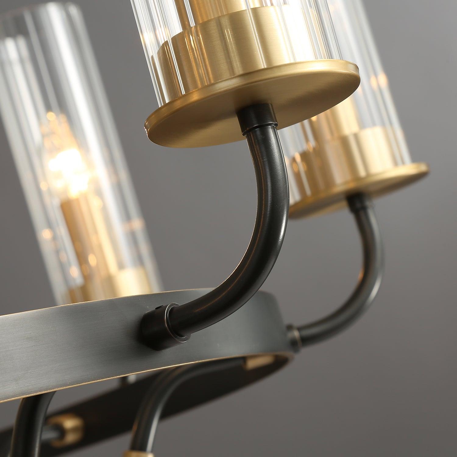 Chandelier Black Round Frame Brass Arms Ribbed Glass-Neutral Decor