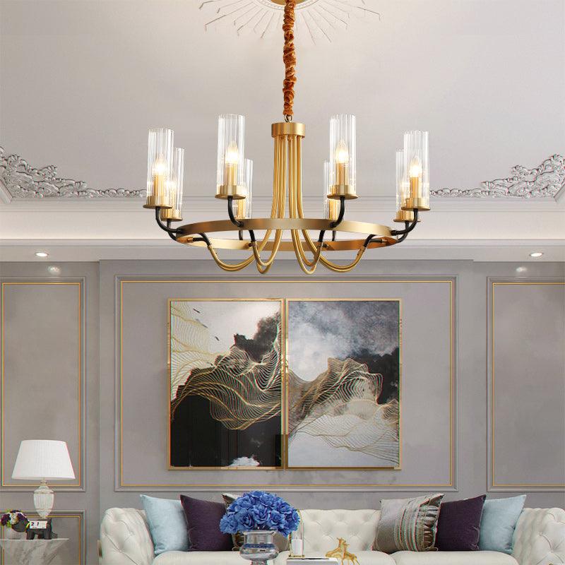 Chandelier Black Round Frame Brass Arms Ribbed Glass-Neutral Decor
