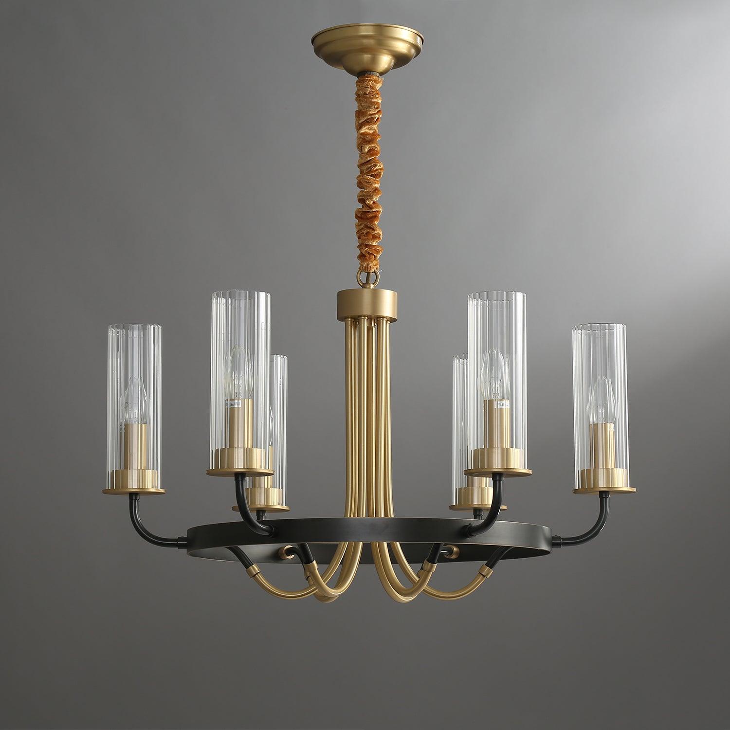 Chandelier Black Round Frame Brass Arms Ribbed Glass-Neutral Decor