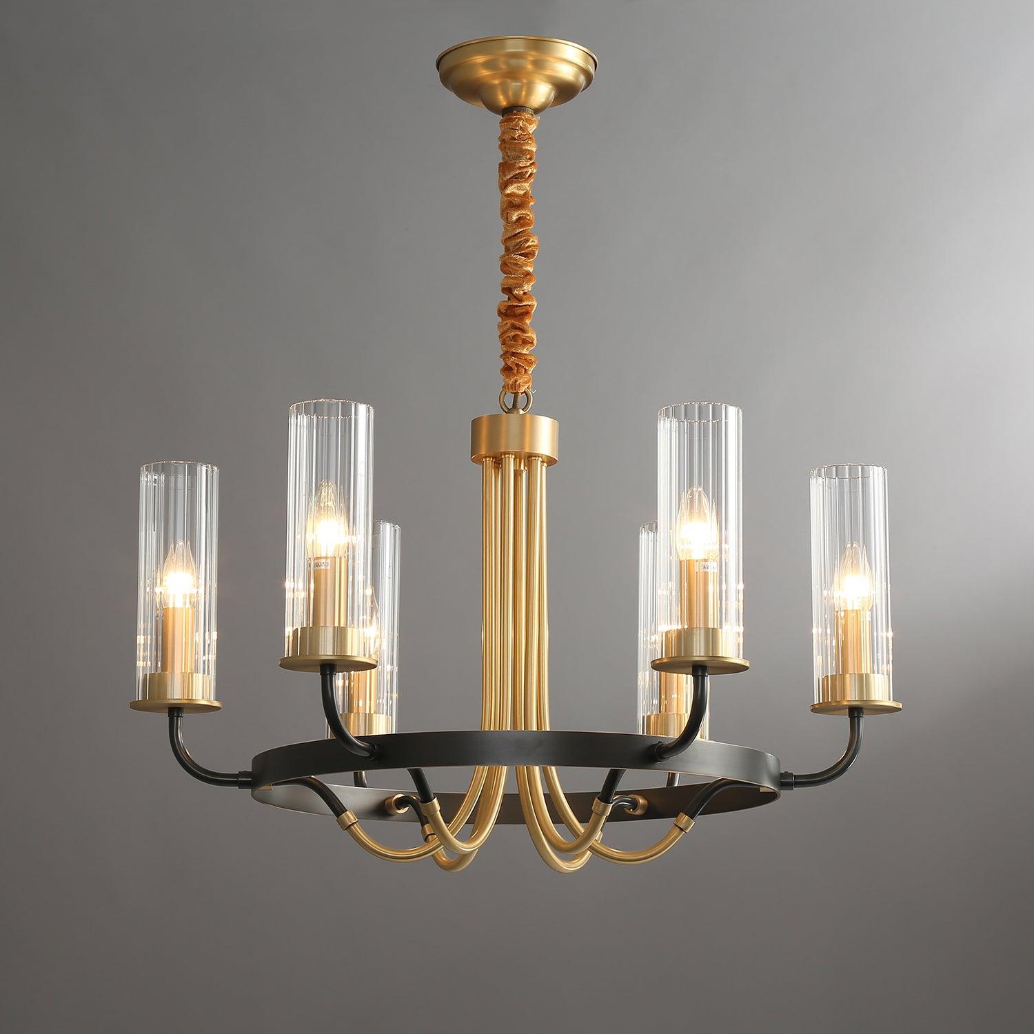 Chandelier Black Round Frame Brass Arms Ribbed Glass-Neutral Decor