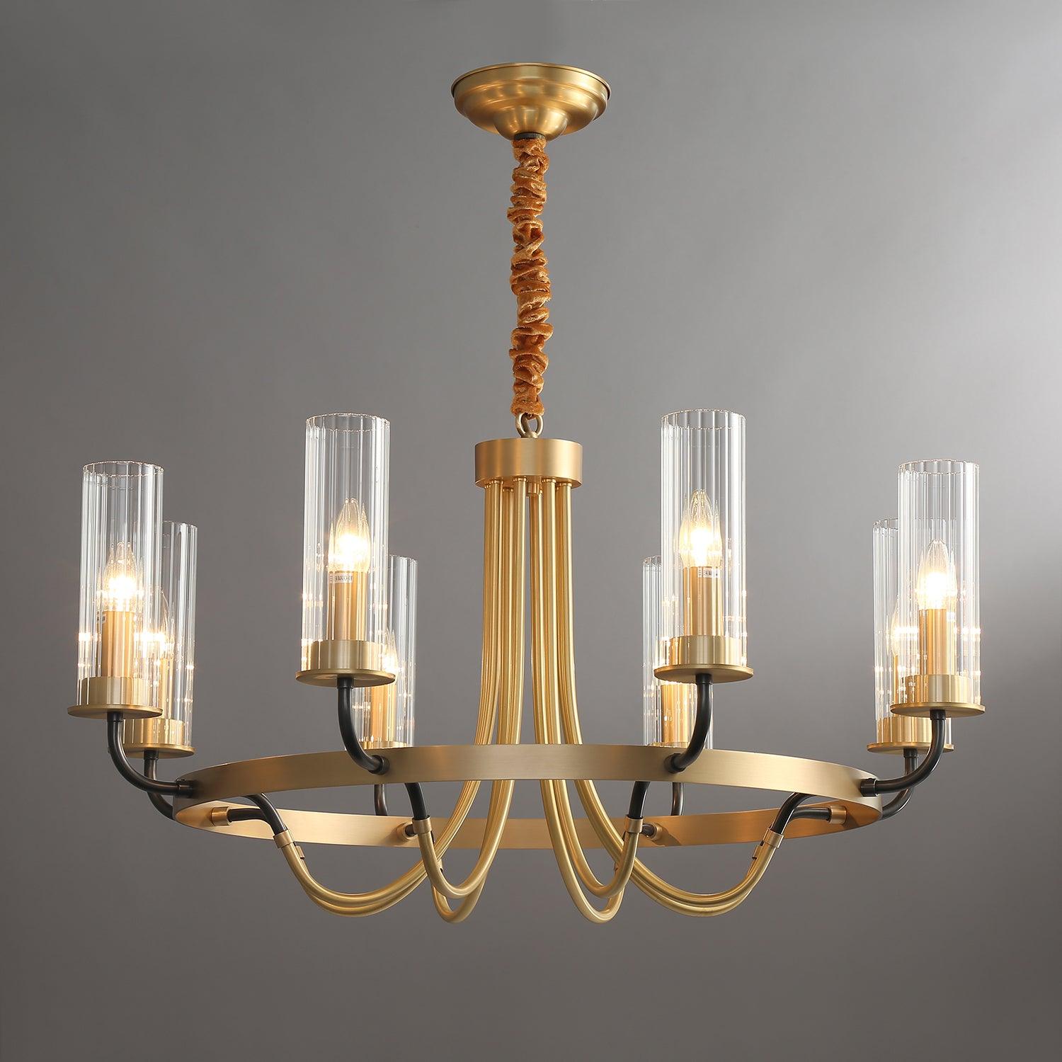 Chandelier Black Round Frame Brass Arms Ribbed Glass-Neutral Decor