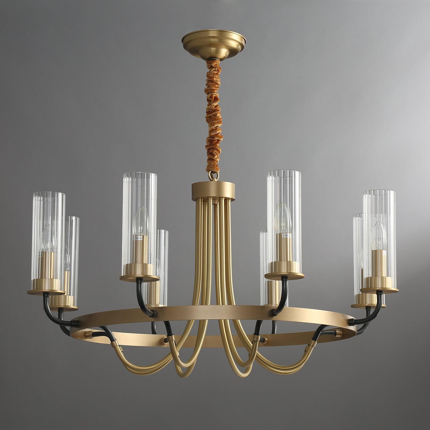 Chandelier Black Round Frame Brass Arms Ribbed Glass-Neutral Decor