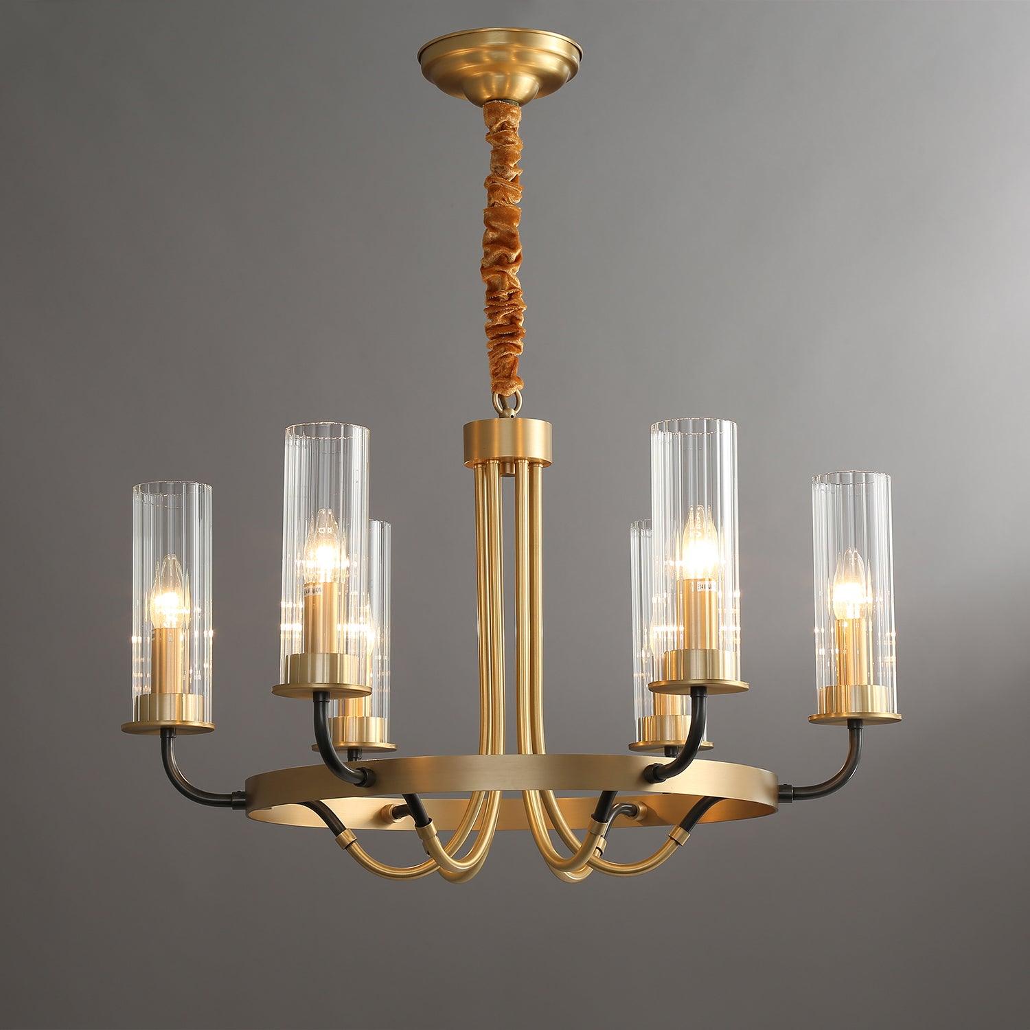 Chandelier Black Round Frame Brass Arms Ribbed Glass-Neutral Decor