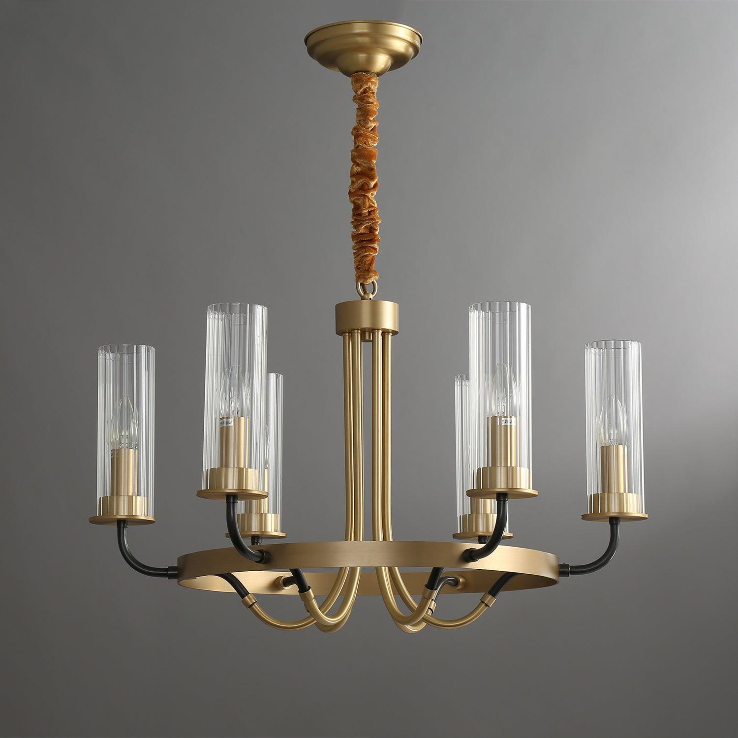 Chandelier Black Round Frame Brass Arms Ribbed Glass-Neutral Decor