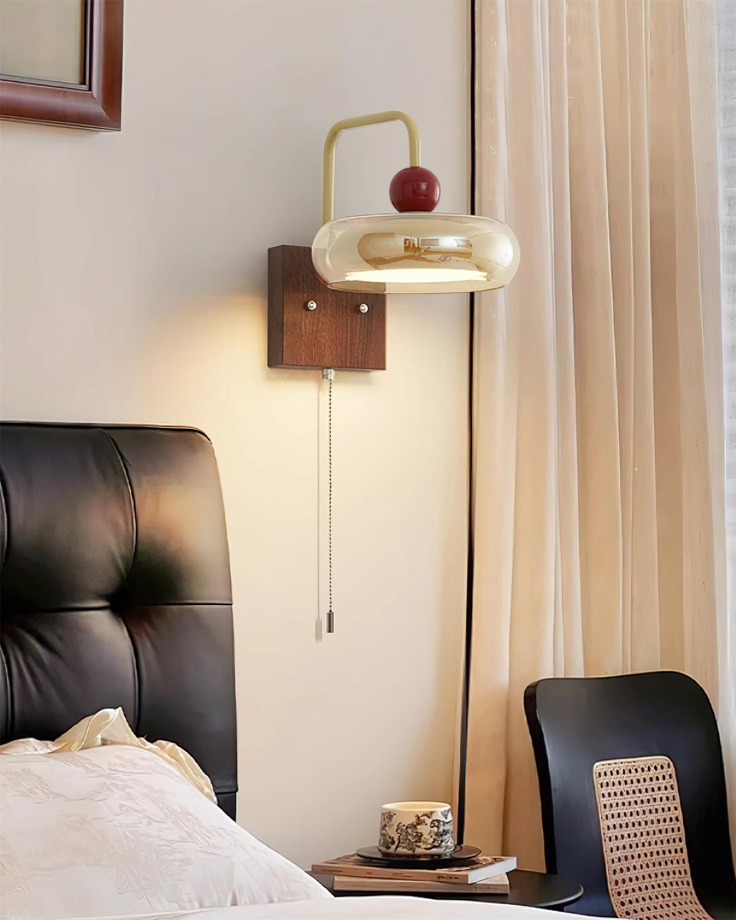 Lumiva Wall Lamp Retro & Glass Wood Pull-Chain-Neutral Decor