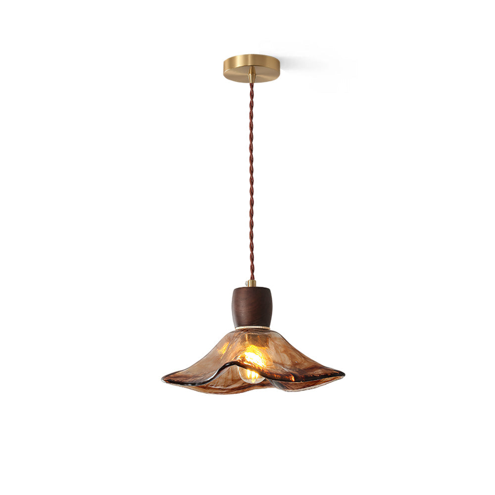 Keju Pendant Light with amber glass shade and wood top.