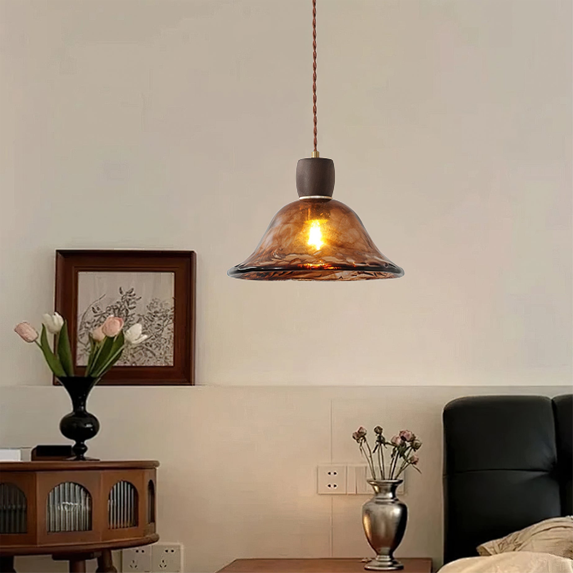 Close-up of the Keju Pendant Light's wood and glass detail.