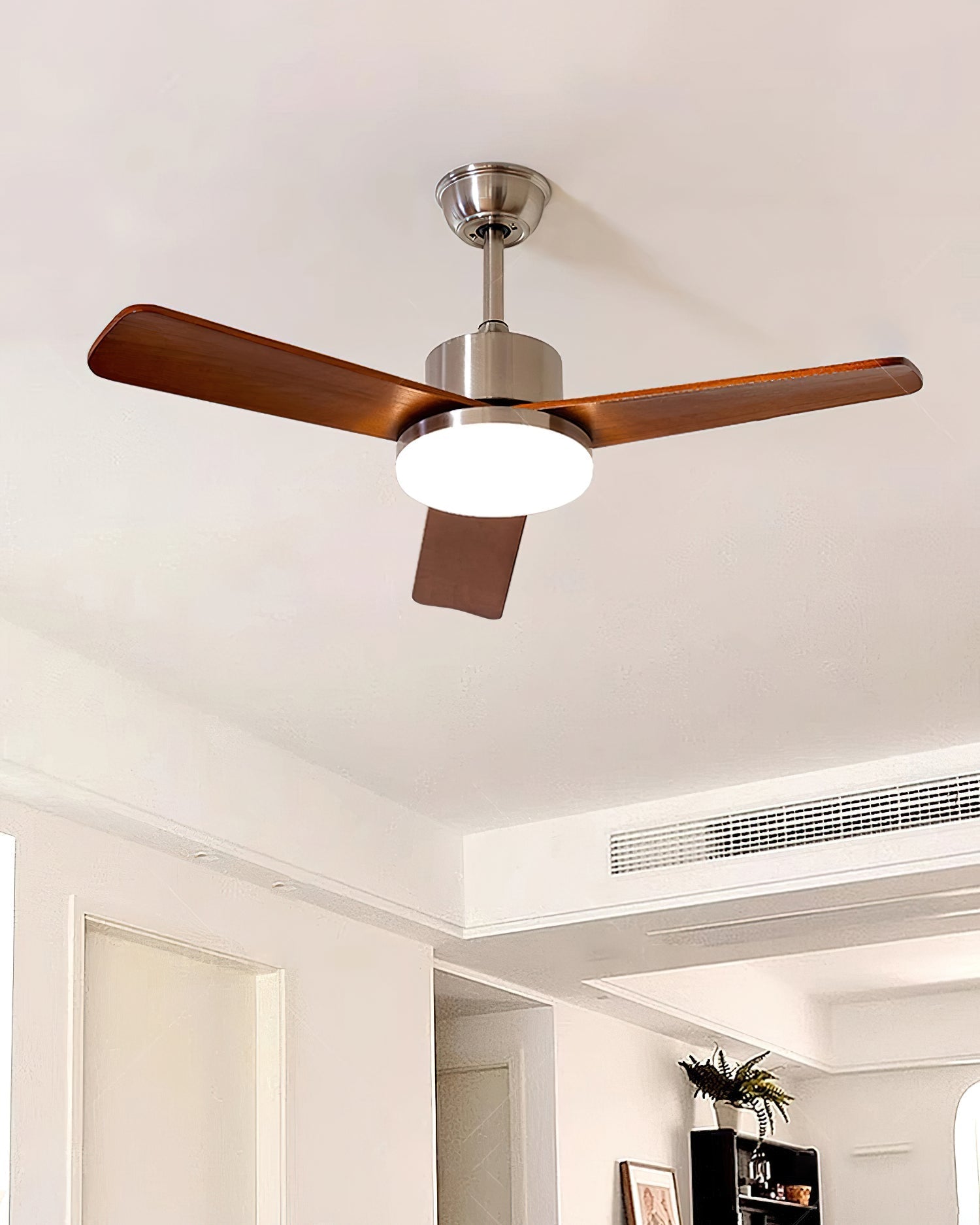 View of the Kendal ceiling fan from below, showing the blades and light.