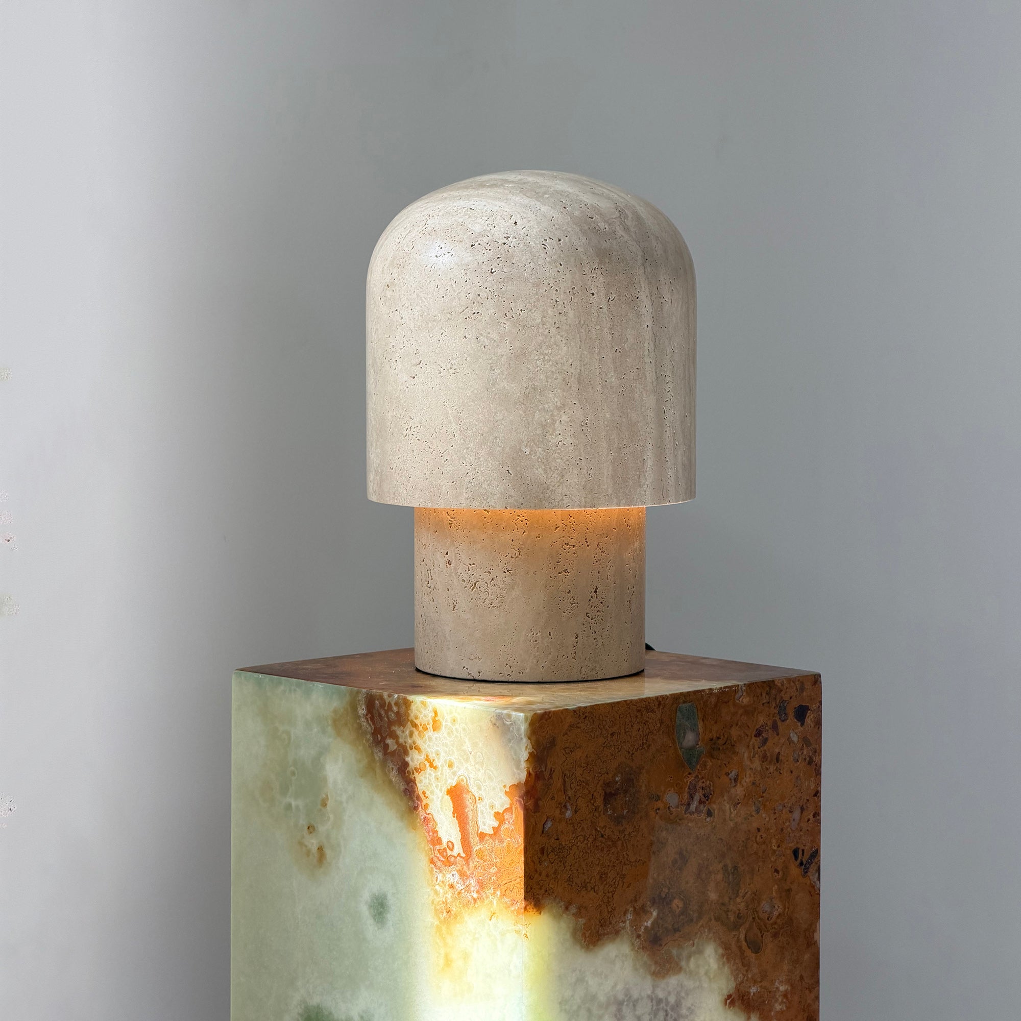 Full view of the Kennett Travertine Table Lamp with dimensions indicated.