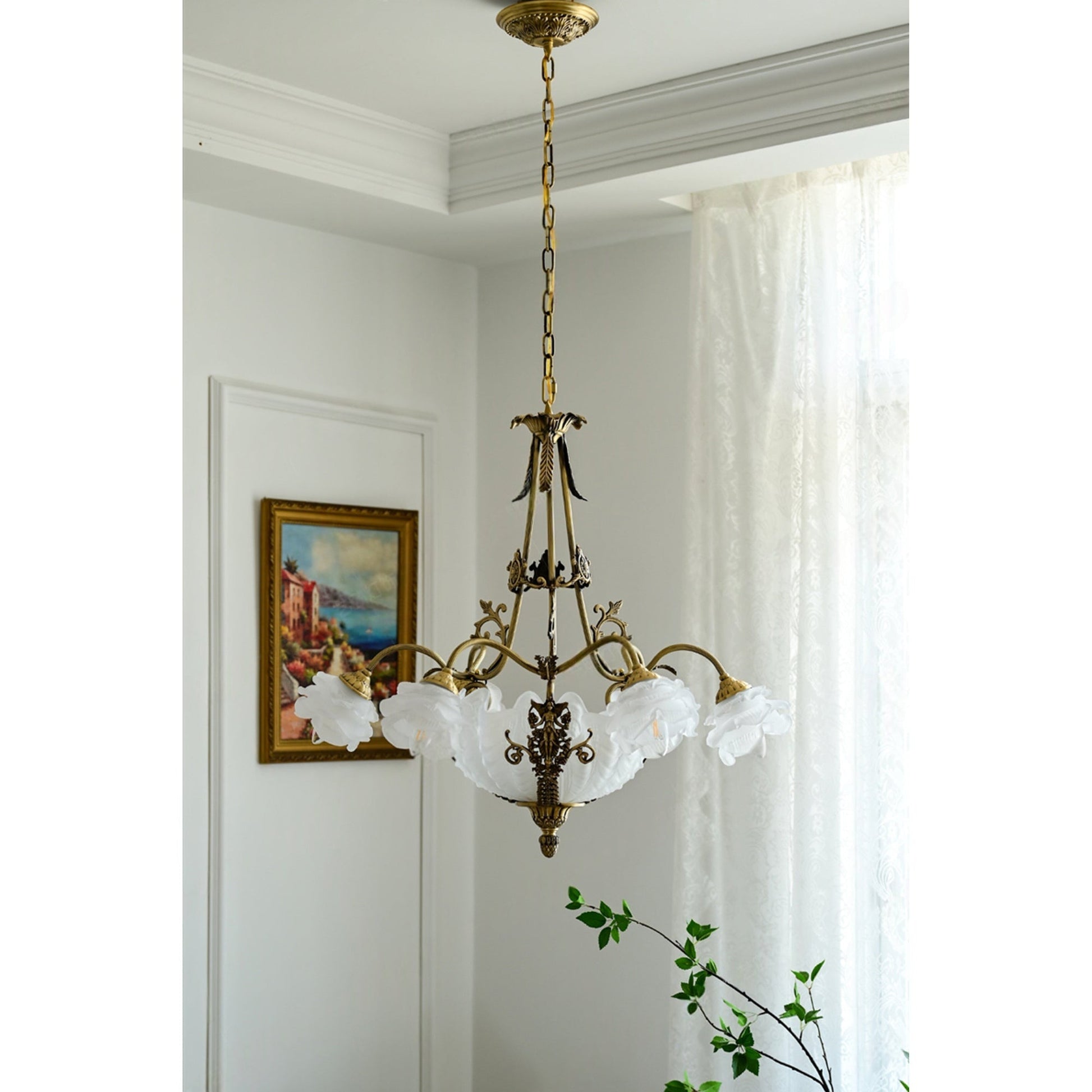 Detail of the antique bronze hanging chain and ceiling canopy.