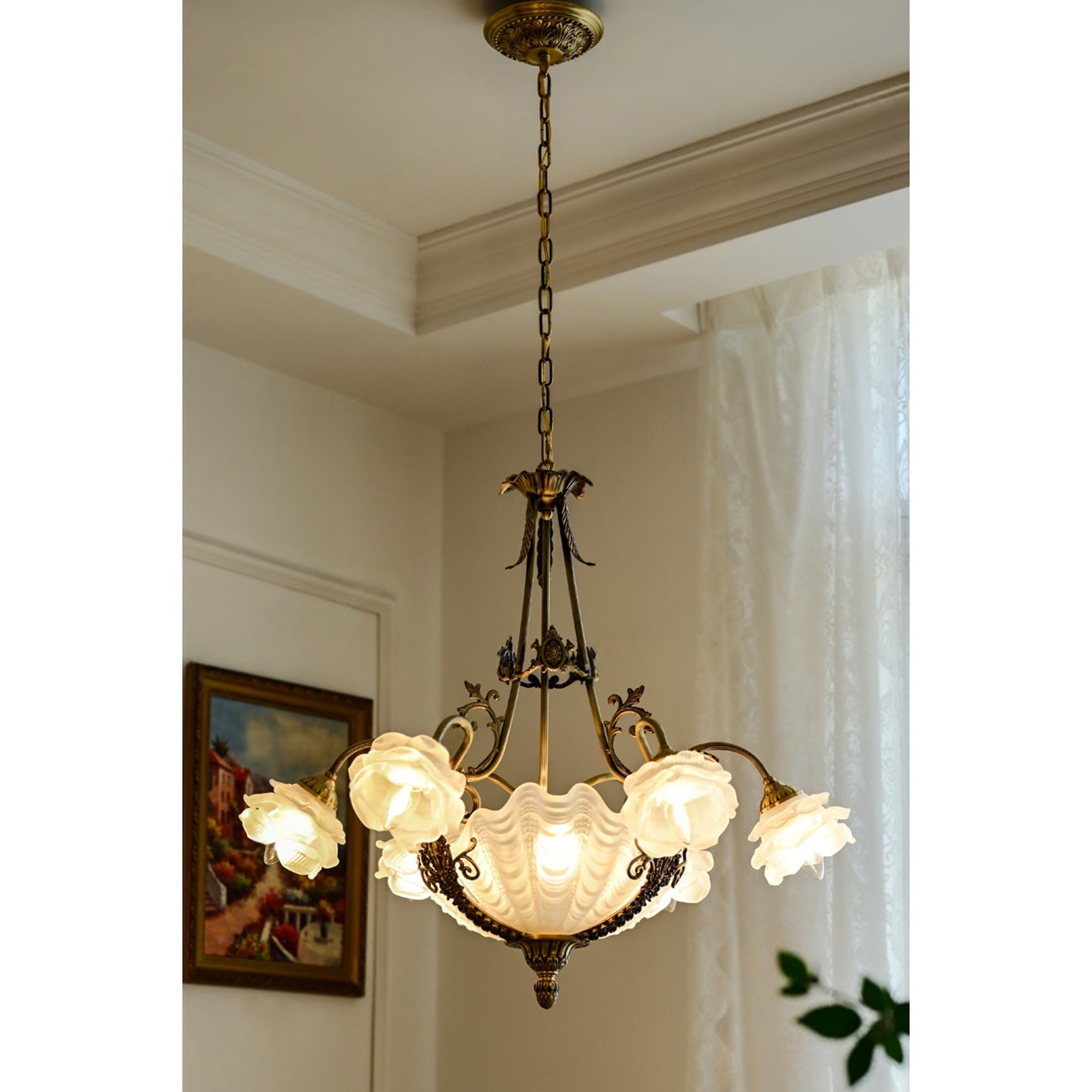 Side profile of the 6+3 head chandelier showing its tiered structure.