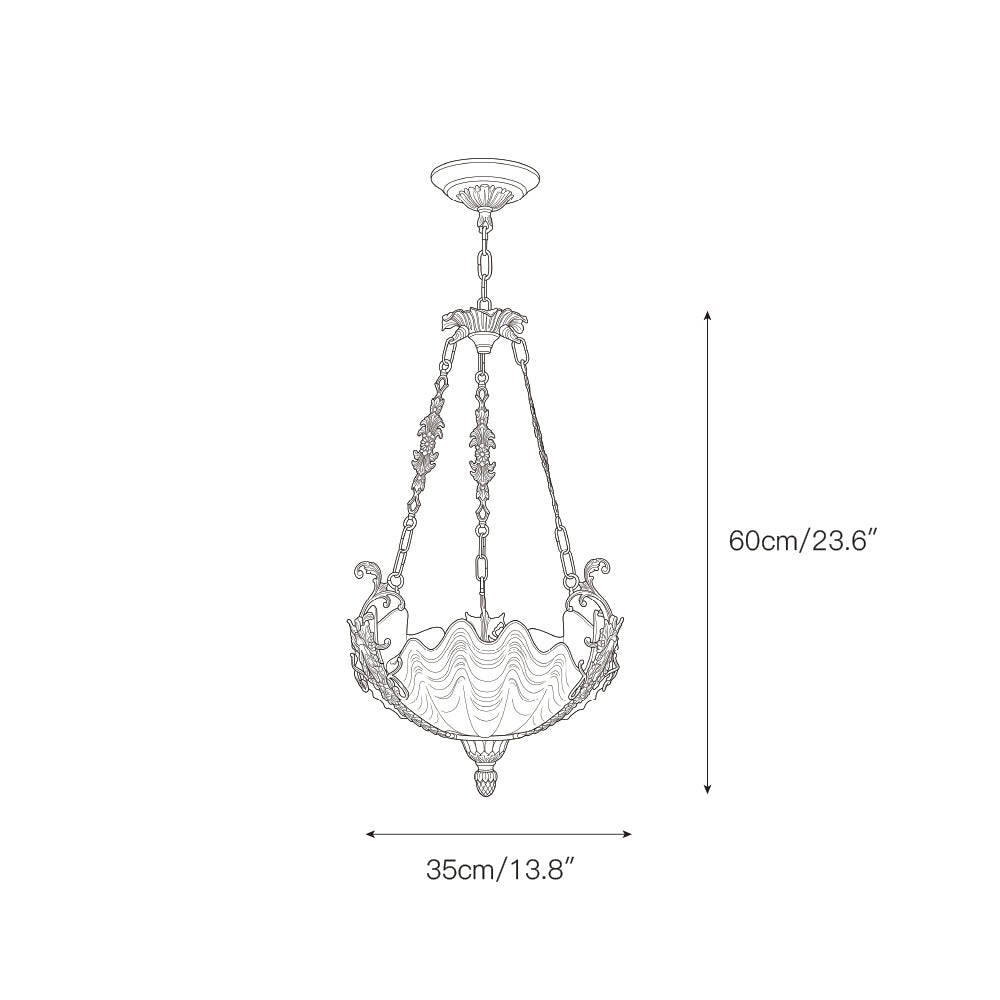 Detail shot of the central scalloped glass basin of the grand chandelier.
