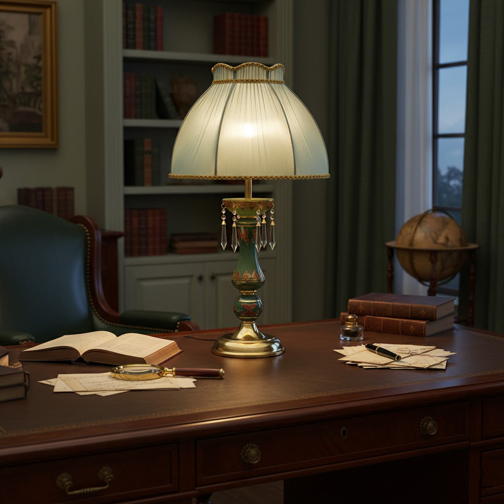 The soft fabric lampshade of the Kenton Table Lamp, unlit.
