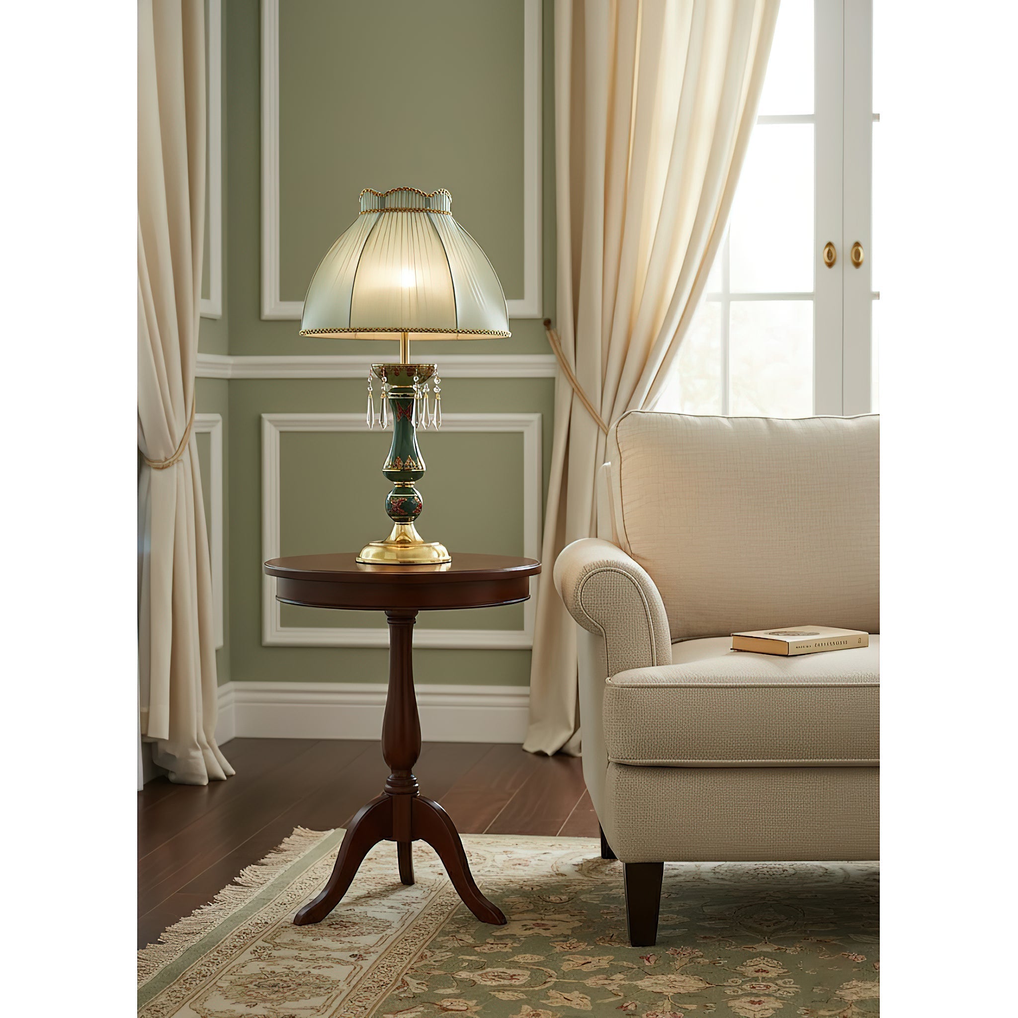 The Kenton Table Lamp shown on a side table in a living room.