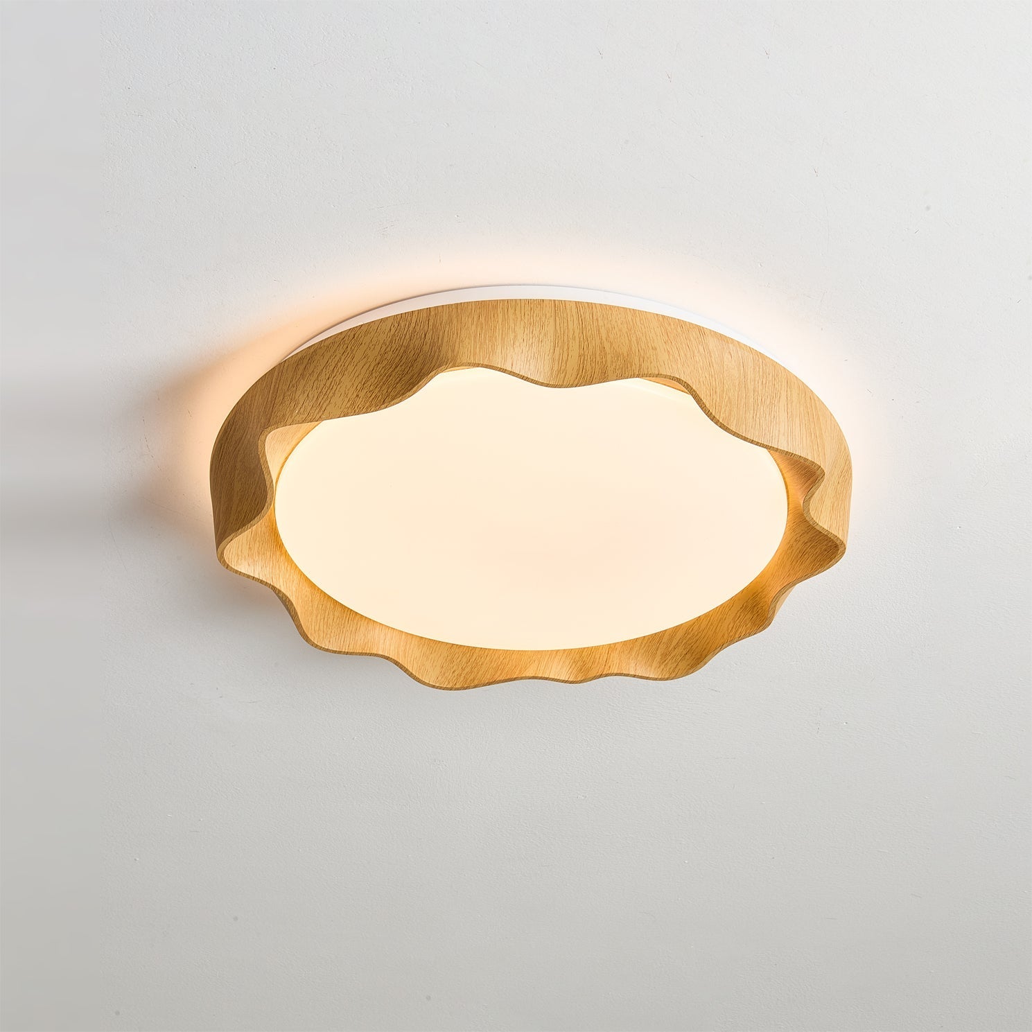 Detail shot of the texture on the walnut color frame of the Kerio Ceiling Light.