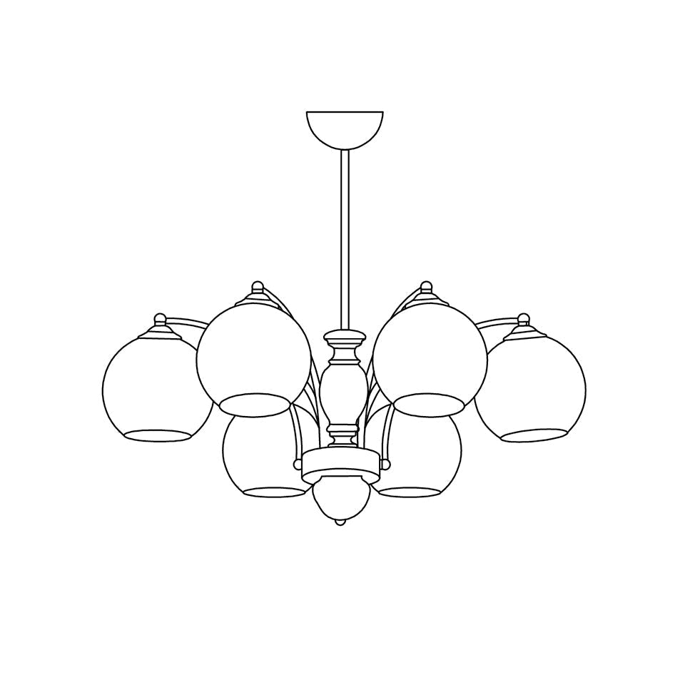 Chandelier Glass Shades Metal Frame Wood Accents Mid-Century Calm