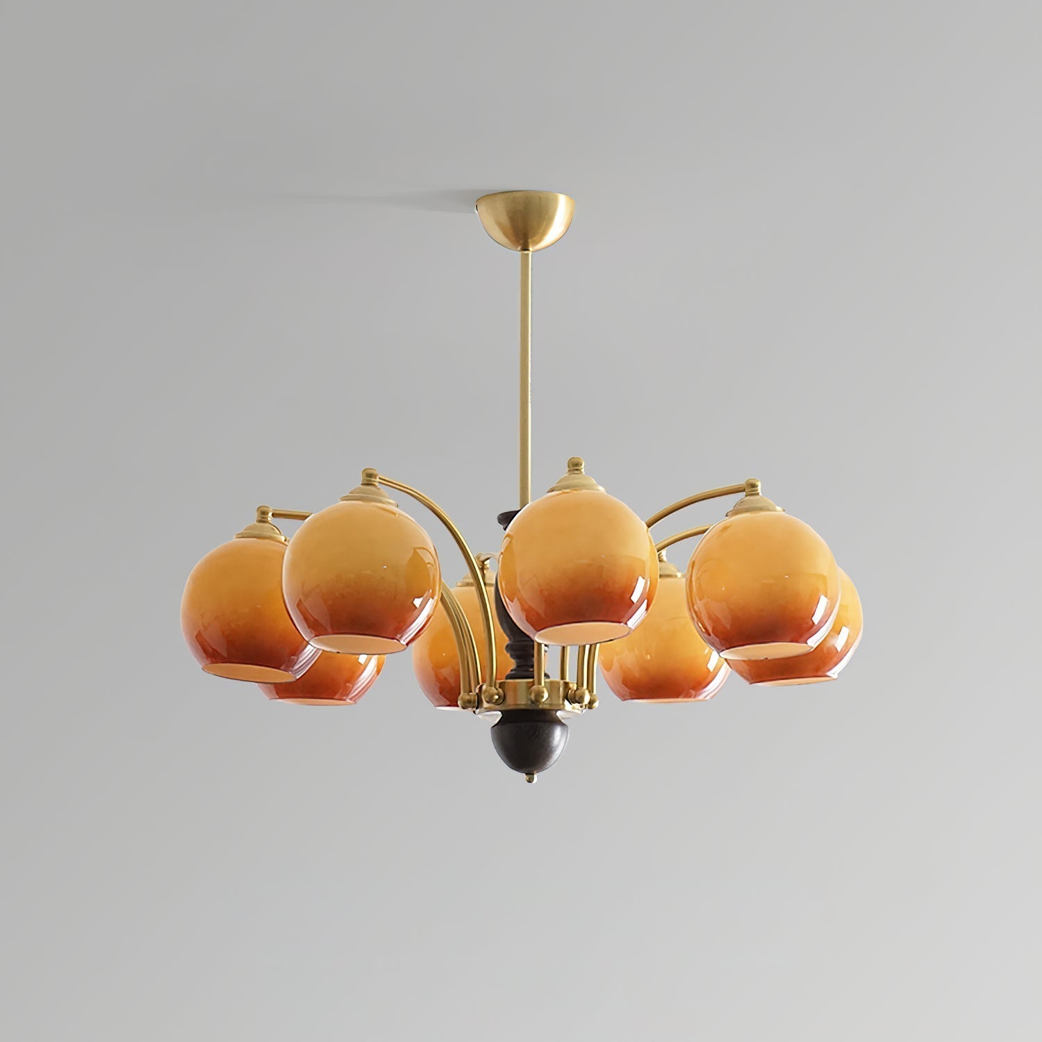 Chandelier Glass Shades Metal Frame Wood Accents Mid-Century Calm