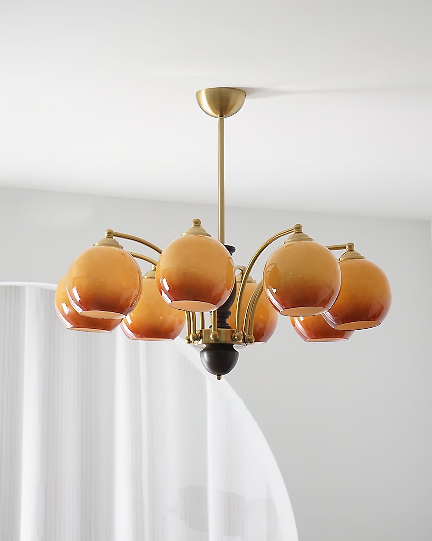Chandelier Glass Shades Metal Frame Wood Accents Mid-Century Calm