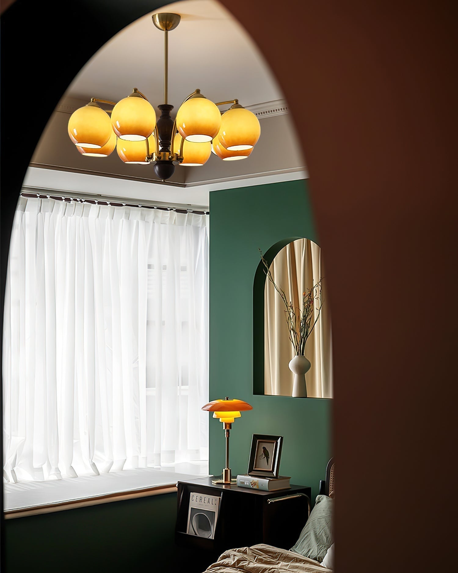 Chandelier Glass Shades Metal Frame Wood Accents Mid-Century Calm