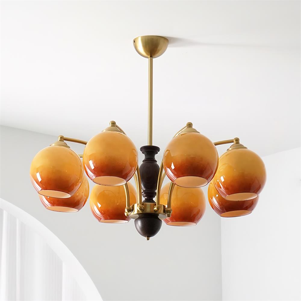 Chandelier Glass Shades Metal Frame Wood Accents Mid-Century Calm