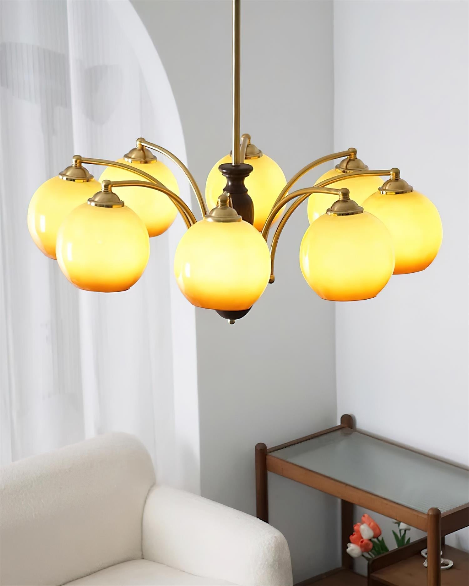 Chandelier Glass Shades Metal Frame Wood Accents Mid-Century Calm