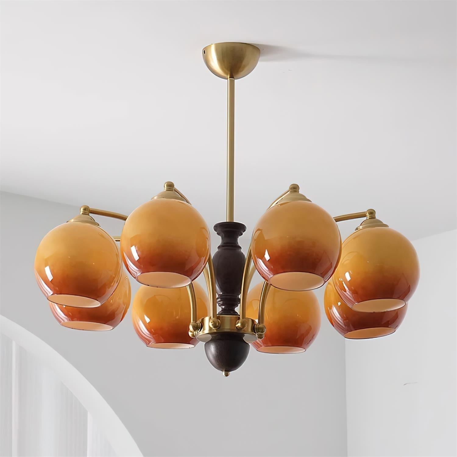 Chandelier Glass Shades Metal Frame Wood Accents Mid-Century Calm
