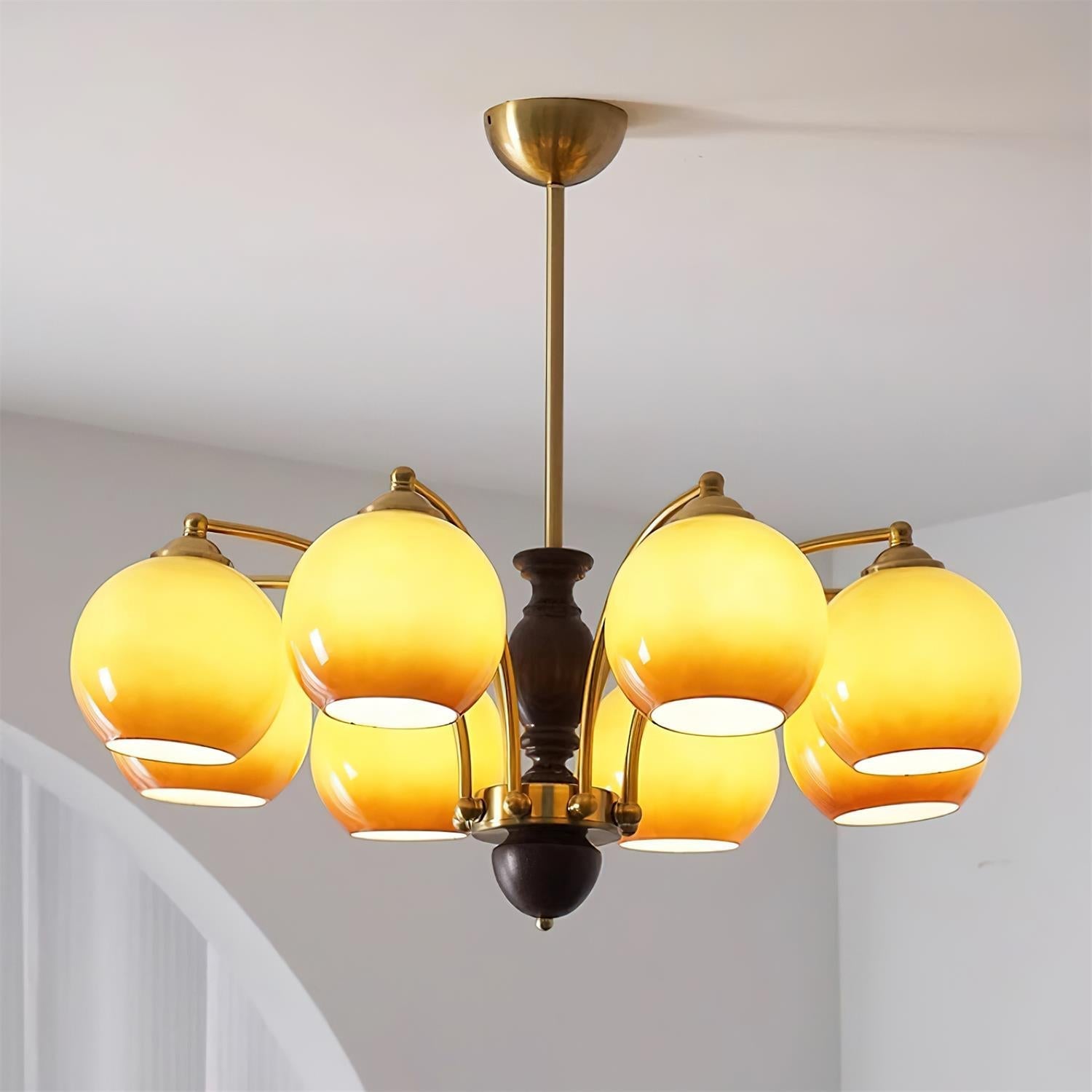 Chandelier Glass Shades Metal Frame Wood Accents Mid-Century Calm