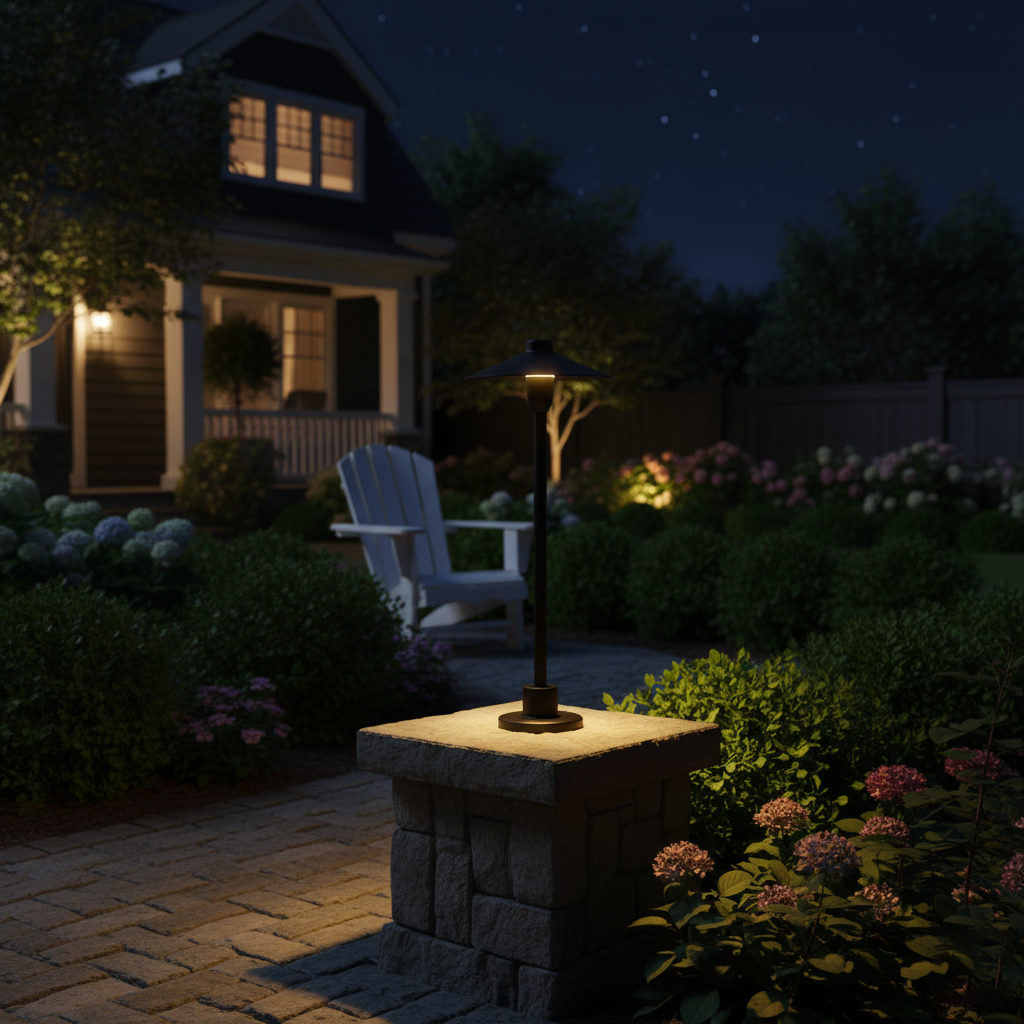 Kichler outdoor table lamp in a contemporary outdoor living space.