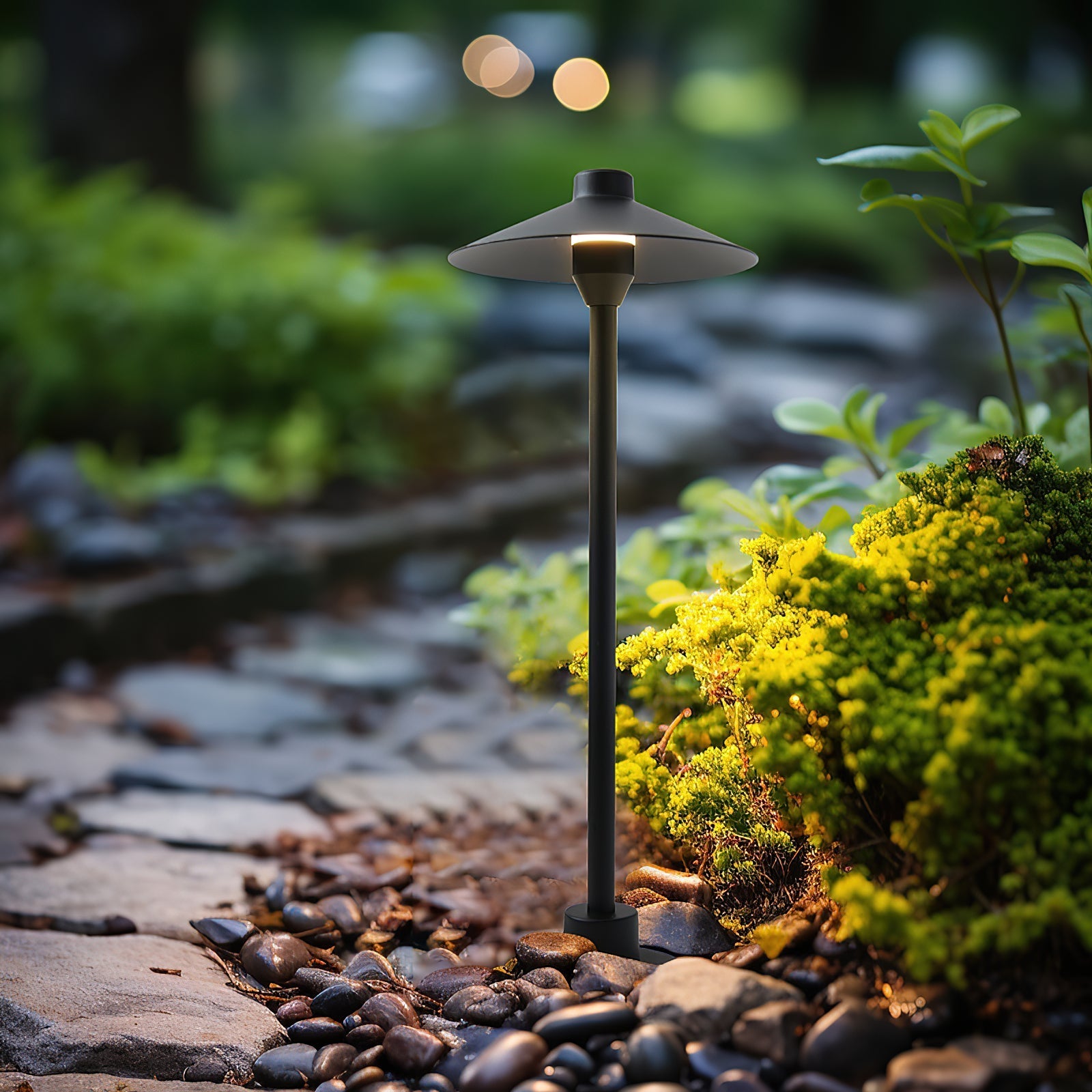 Side view of the minimalist cone-shaped outdoor table lamp.