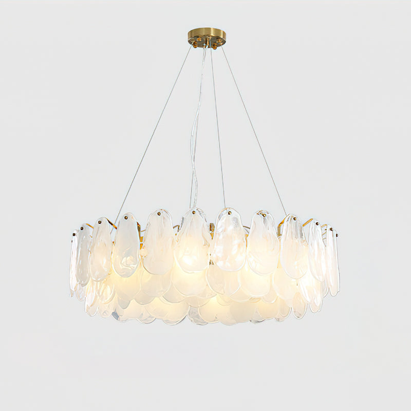 The Leon Chandelier unlit, showcasing the artistic quality of the white glass panels.