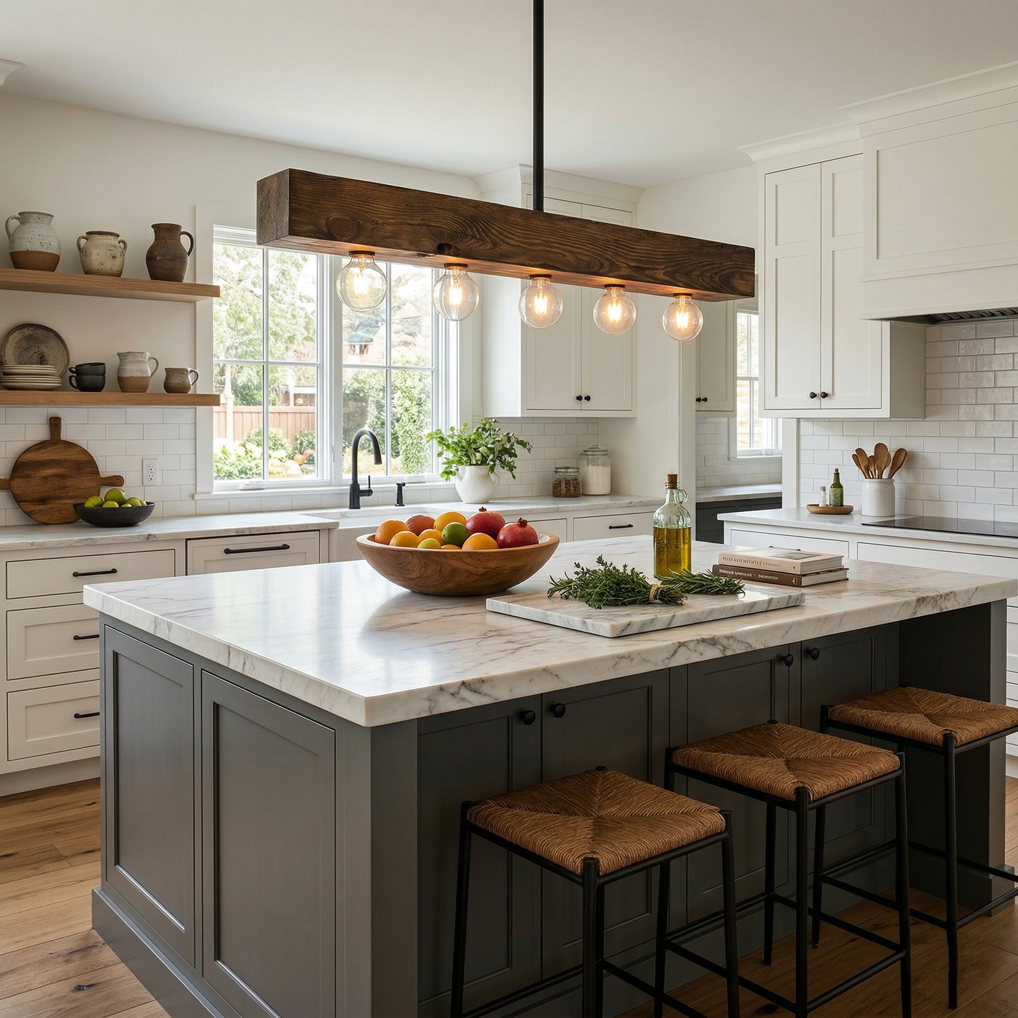 Lifestyle image of the chandelier in a modern farmhouse kitchen.