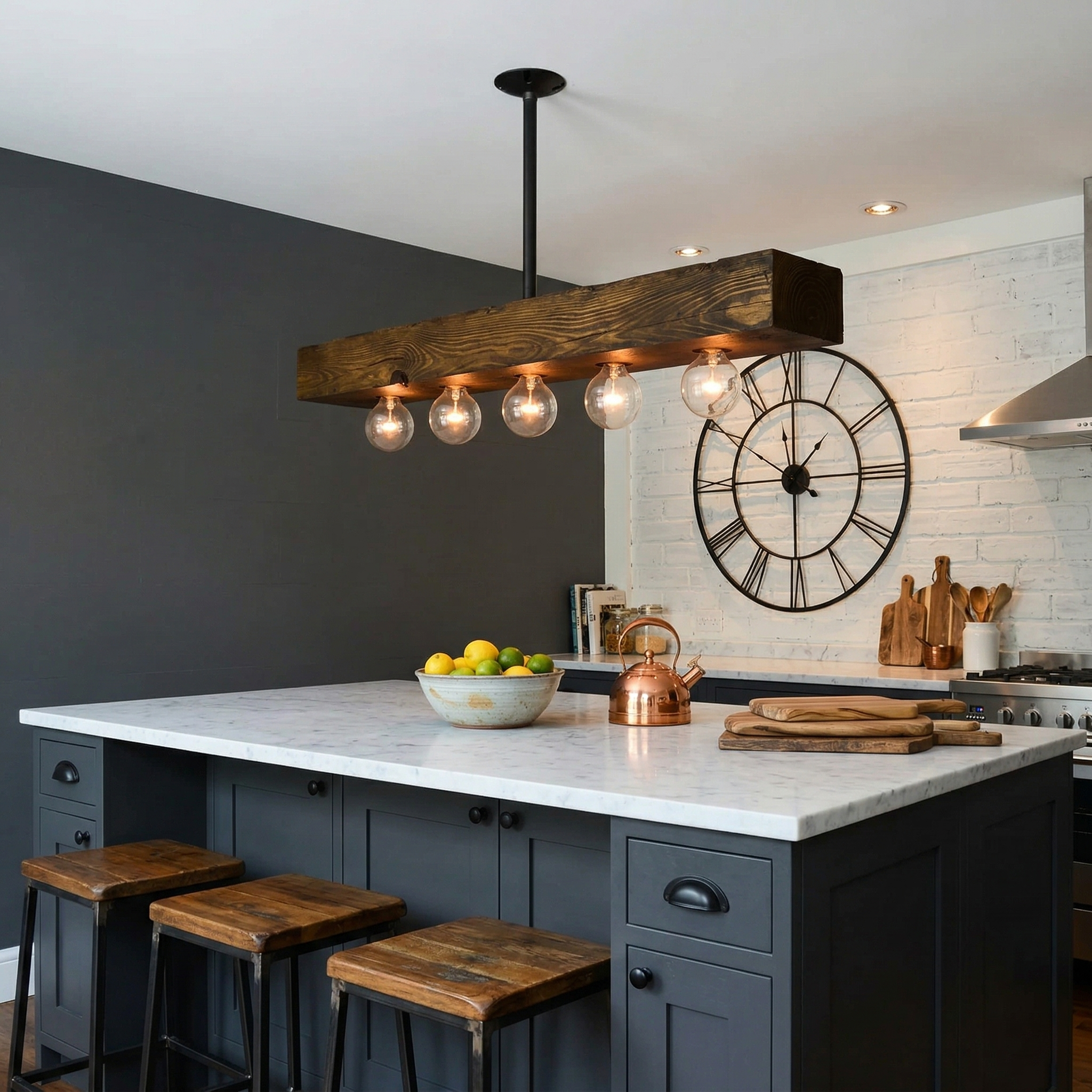 The chandelier casting a warm glow over a wooden dining table.