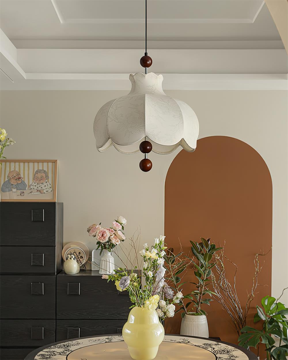 Pendant Lamp Fabric Shade Wood Accents Vintage for Living Room