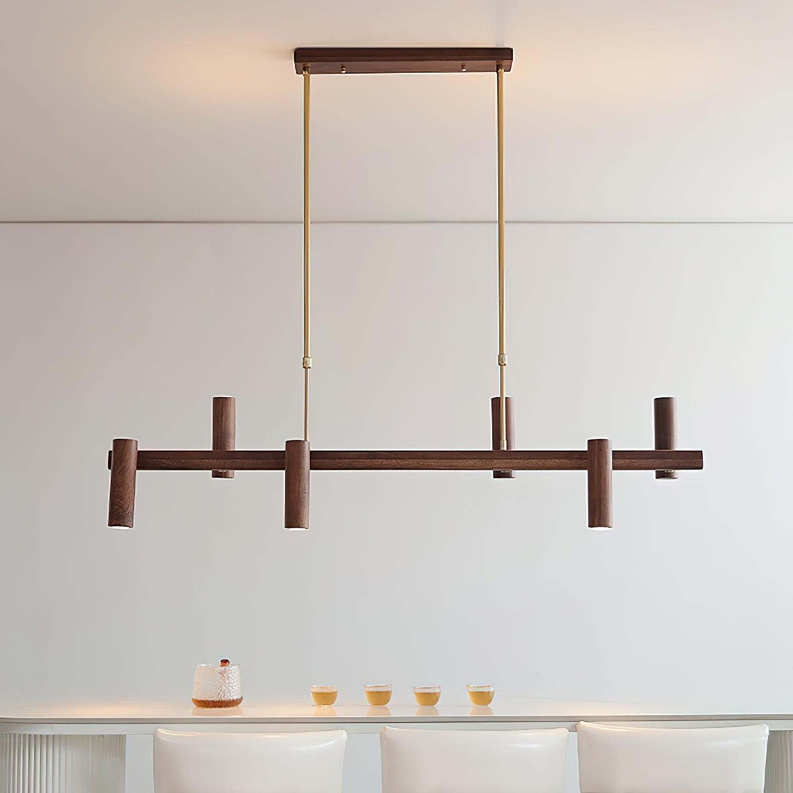 The Konnect Wood Chandelier viewed from below, showing the light sources.