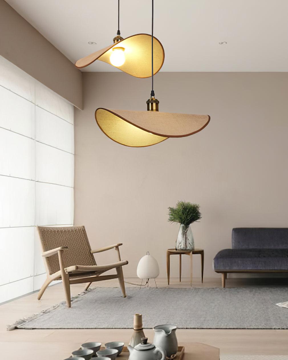 Mirelle Pendant Lamp Linen Fabric Shade Wood Minimalist-Neutral Decor