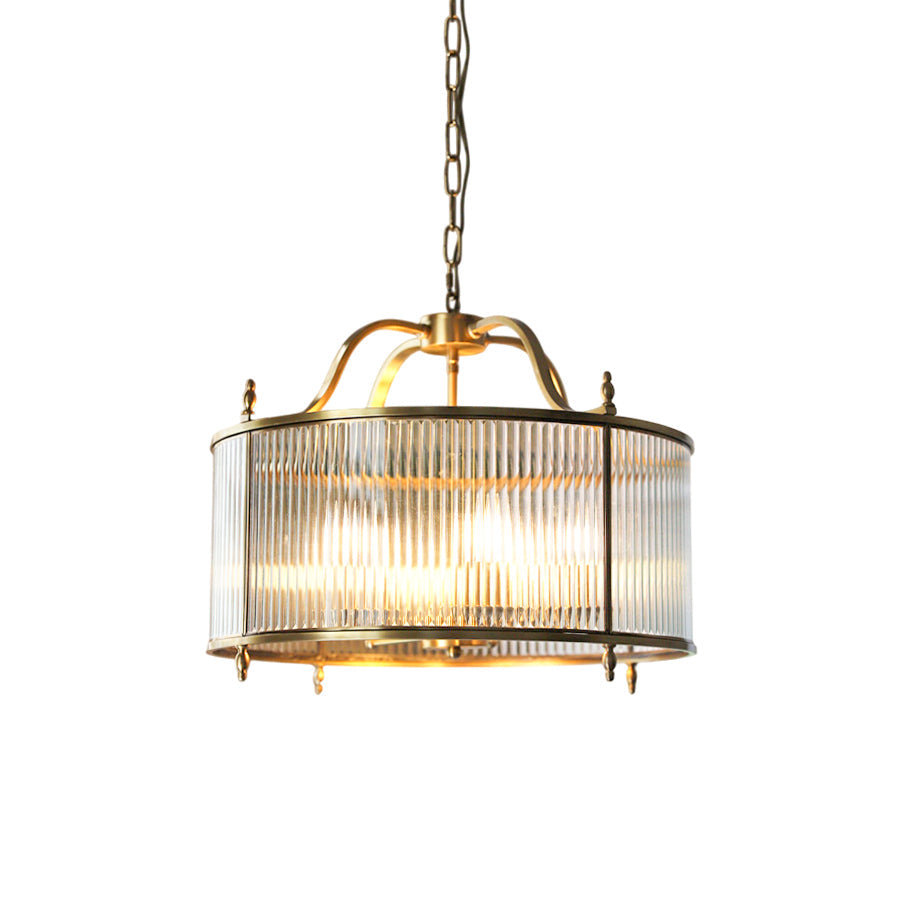Lambeth Glass Chandelier with ribbed panels and a gold finish.