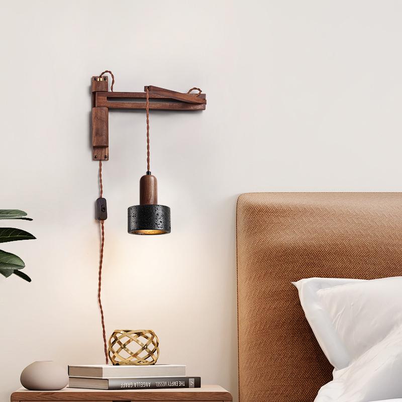 Nulso Adjustable Plug-In Black Travertine Wood Wall Lamp-Neutral Decor