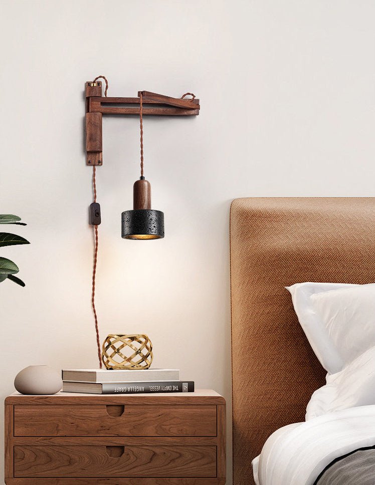Nulso Adjustable Plug-In Black Travertine Wood Wall Lamp-Neutral Decor
