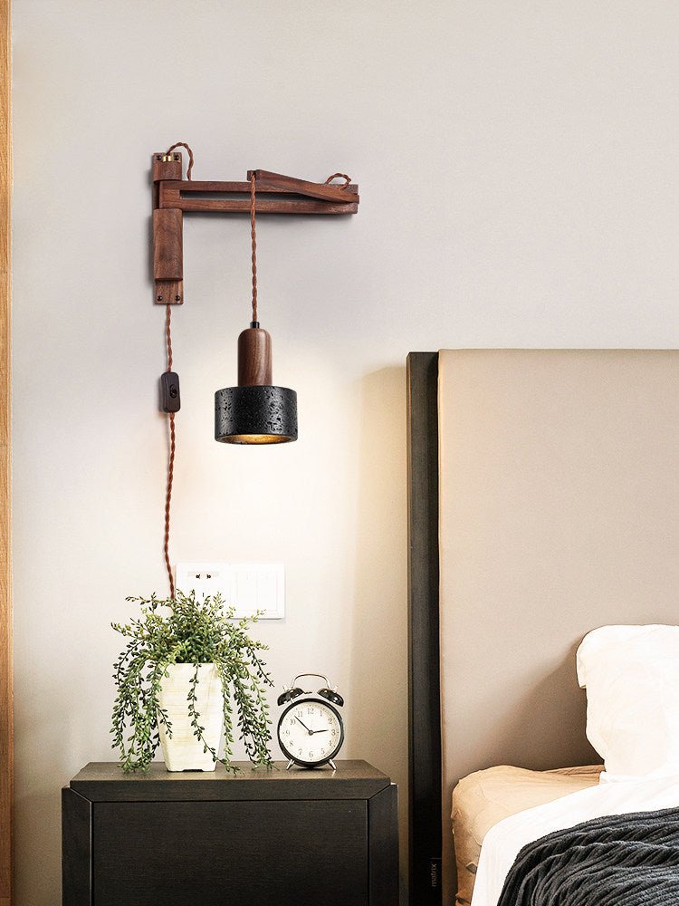 Nulso Adjustable Plug-In Black Travertine Wood Wall Lamp-Neutral Decor