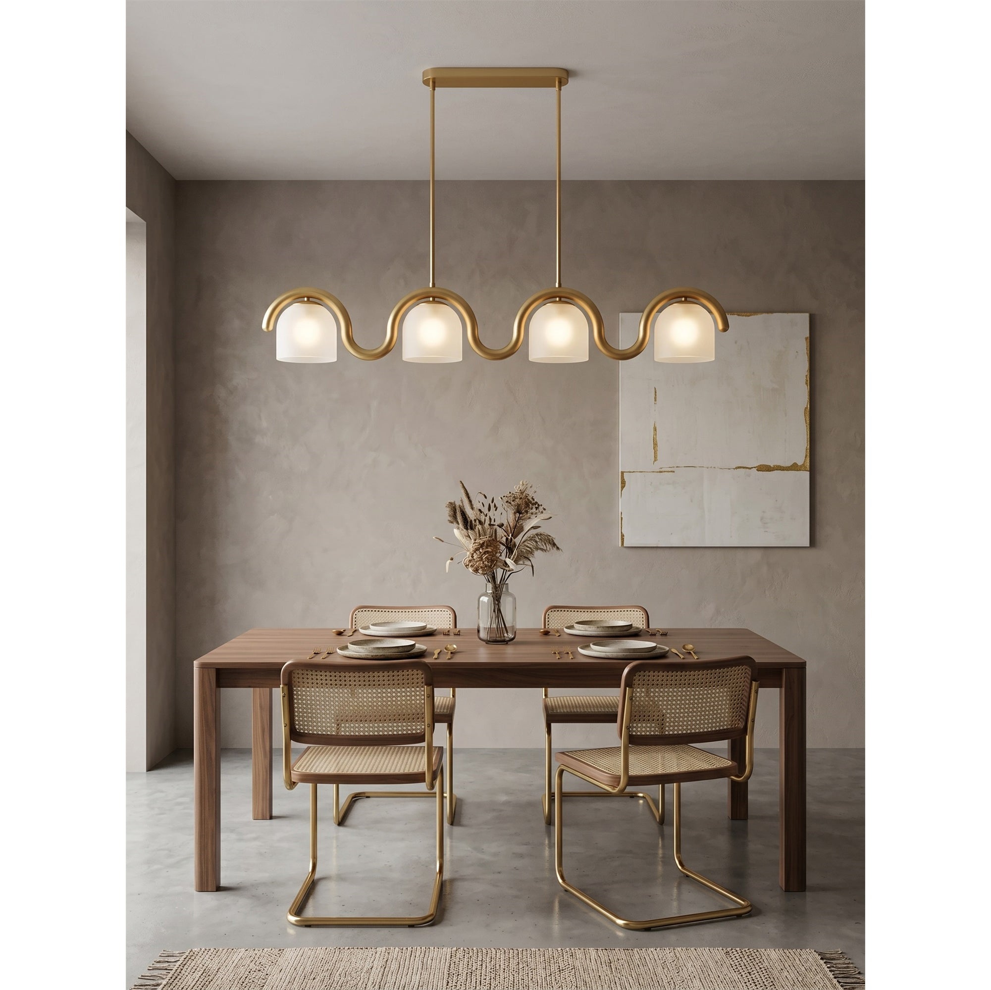 The Lenox linear chandelier shown in the classic brass finish.
