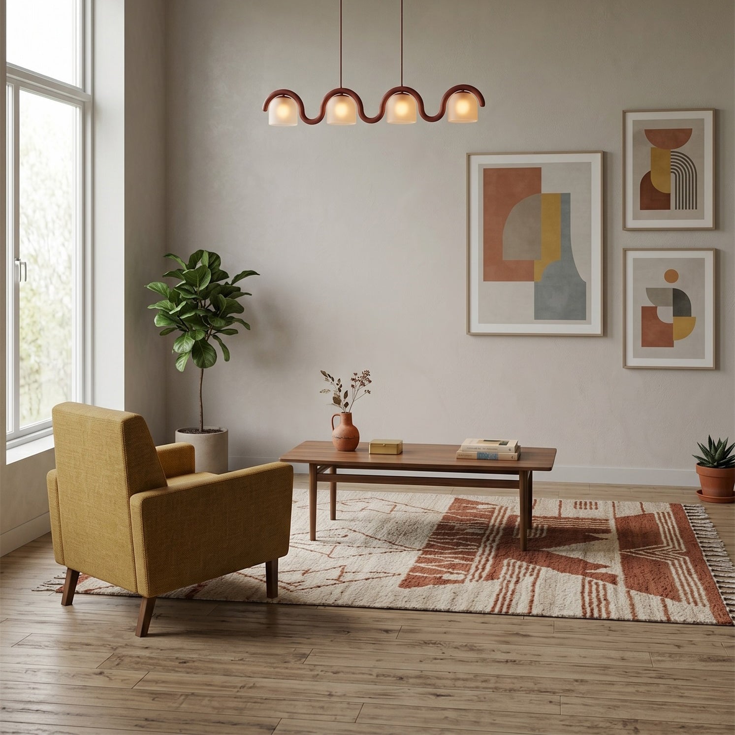 The red Lenox chandelier in a minimalist dining room setting.