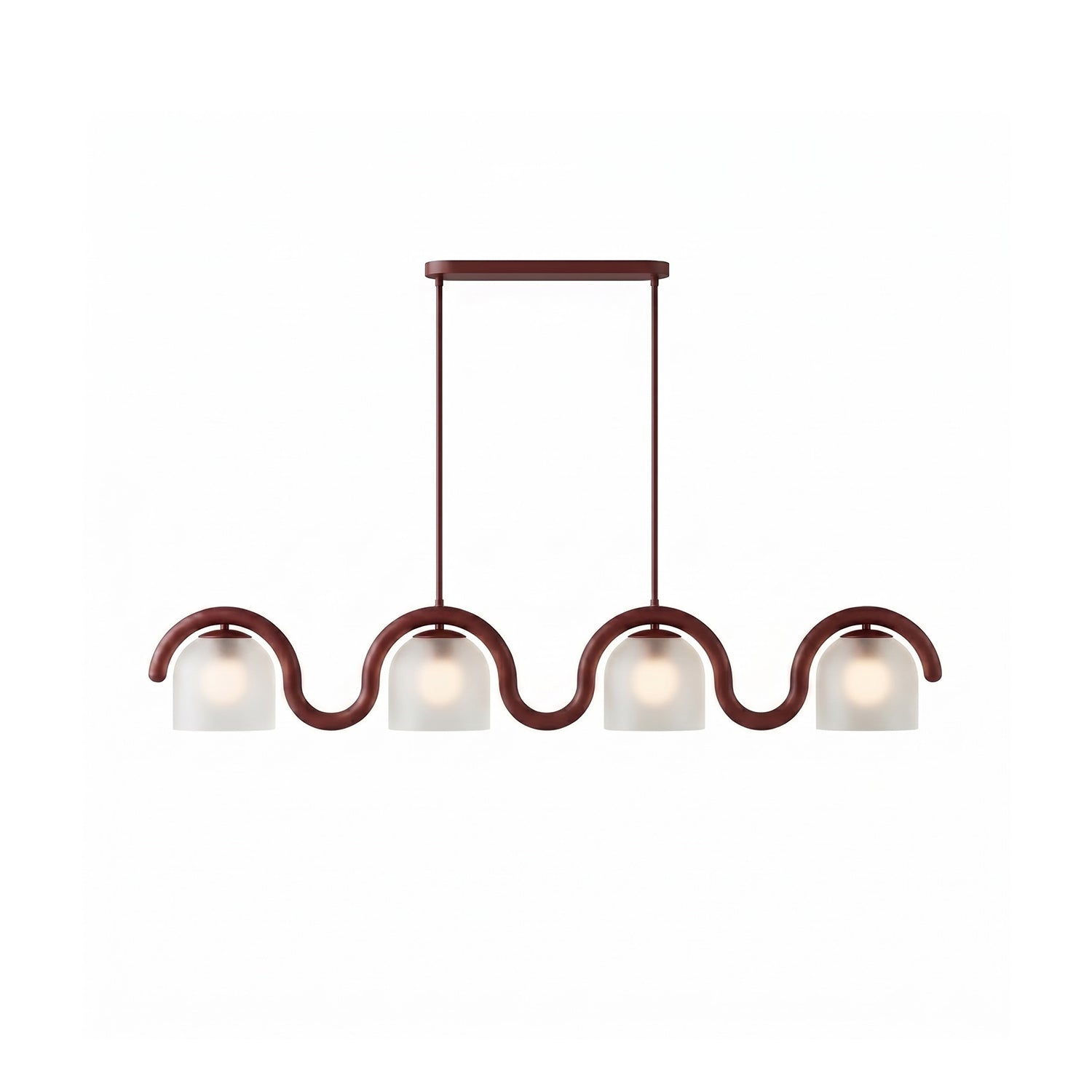 Front view of the Lenox linear glass chandelier in a terracotta-red finish.