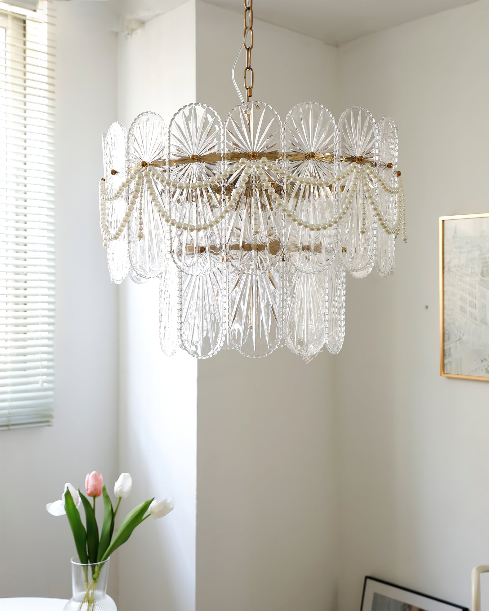 Full view of the two-tiered Leon Glass Chandelier against a plain background.