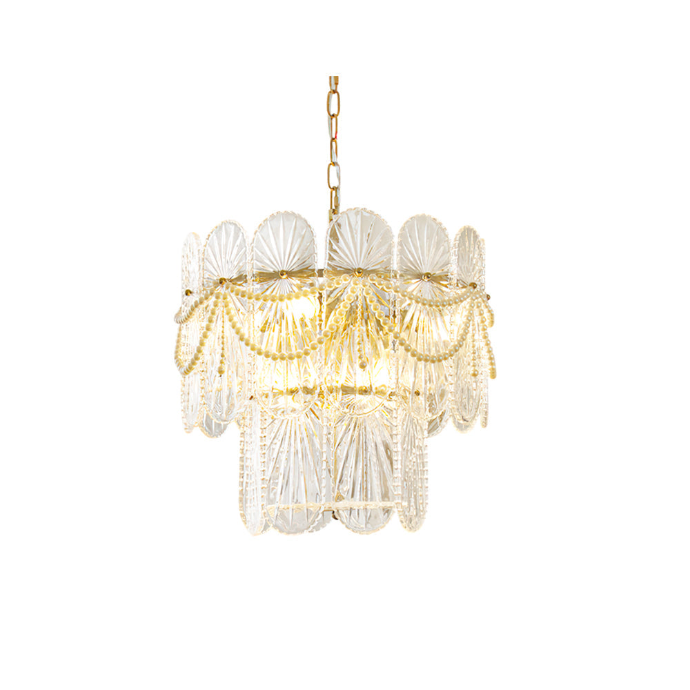 Leon Glass Chandelier with gold frame and ribbed glass, viewed from below.