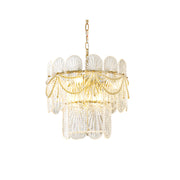 Leon Glass Chandelier with gold frame and ribbed glass, viewed from below.