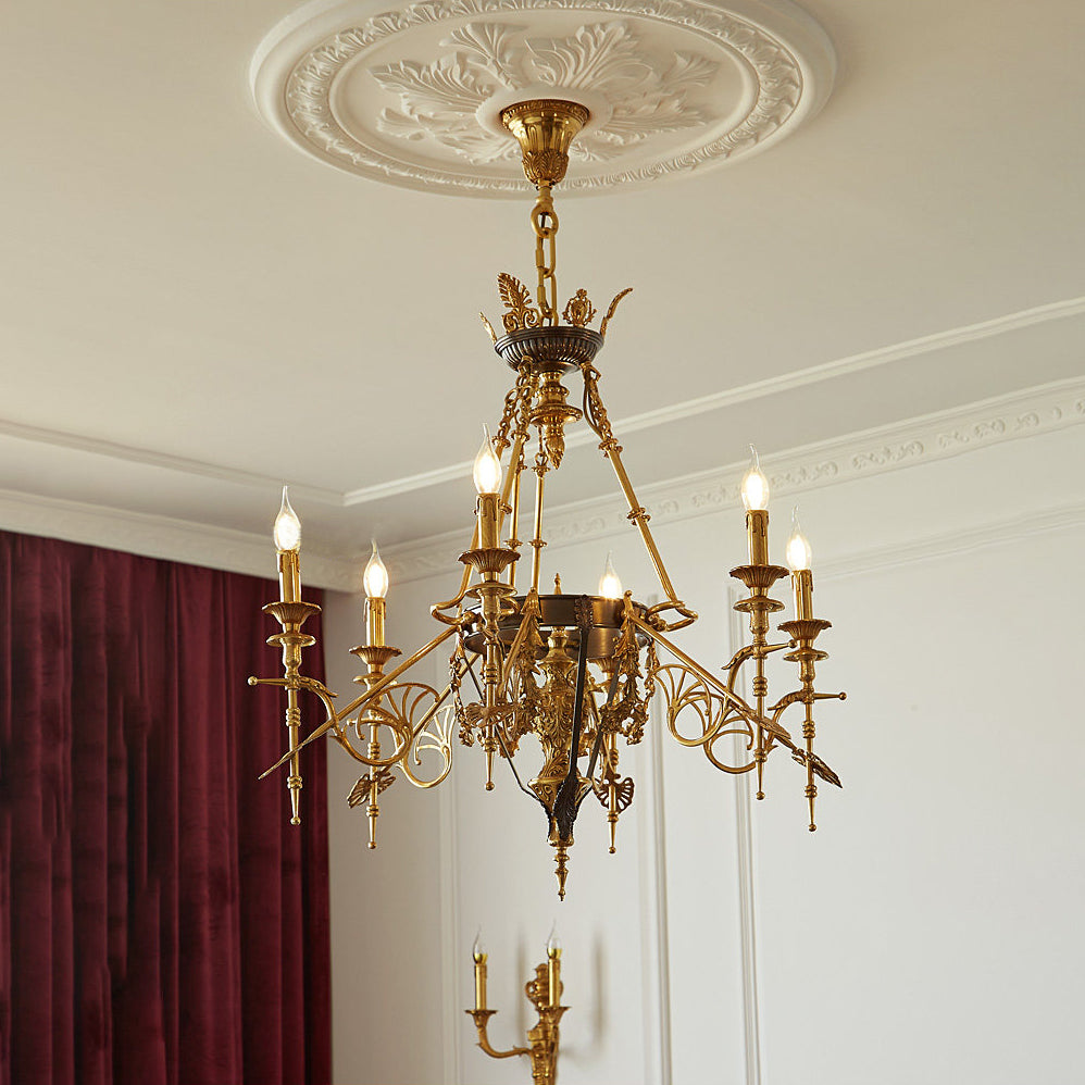Detail view of the cast brass acanthus leaf details on the Leontine Chandelier.