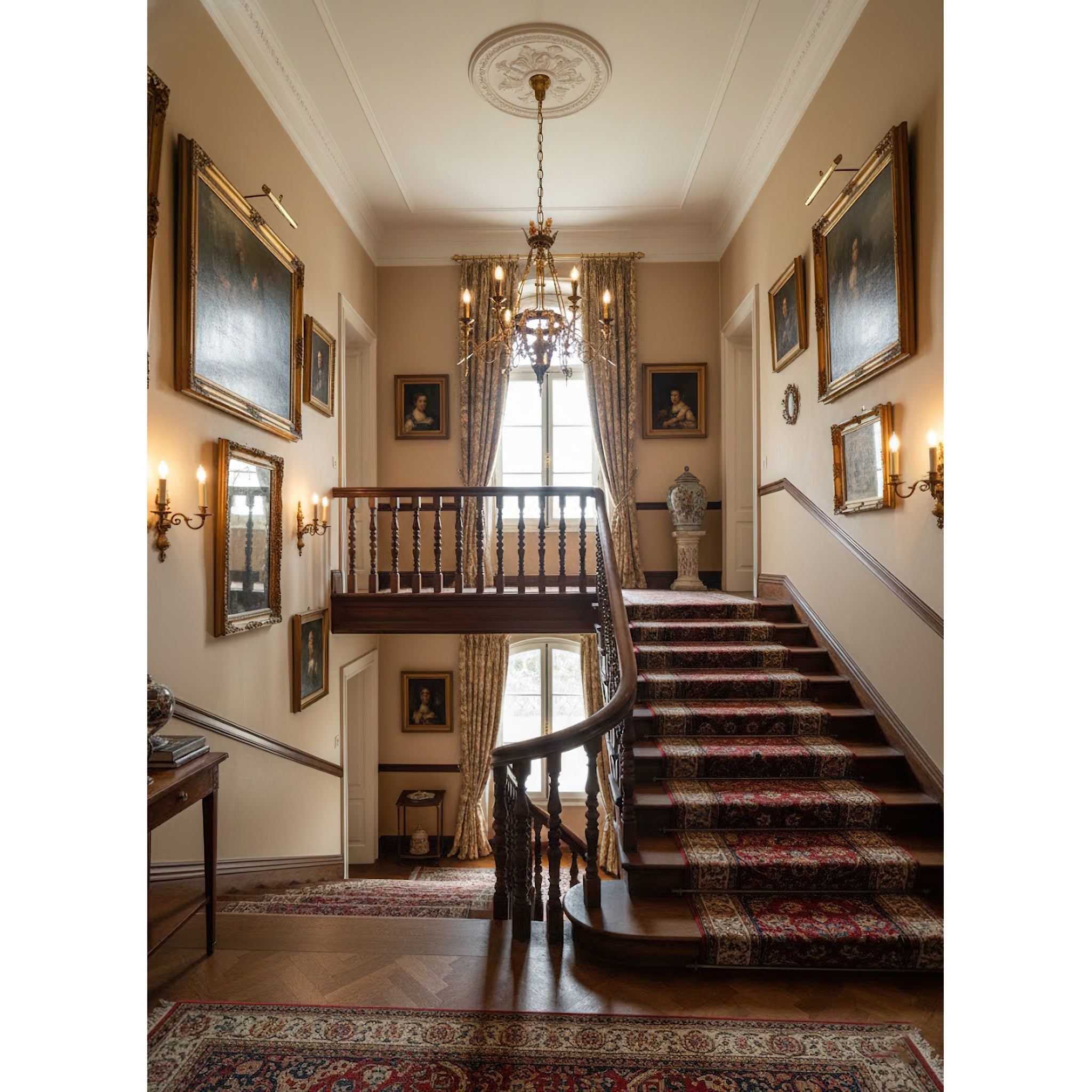 The full silhouette of the Leontine Chandelier, highlighting its height and diameter.