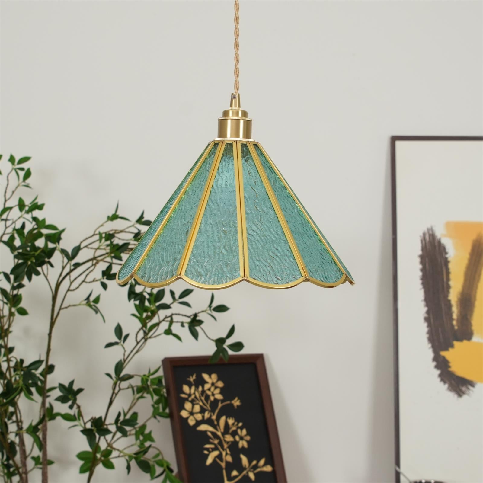 Pendant Lamp Textured Blue Glass Scalloped Brass