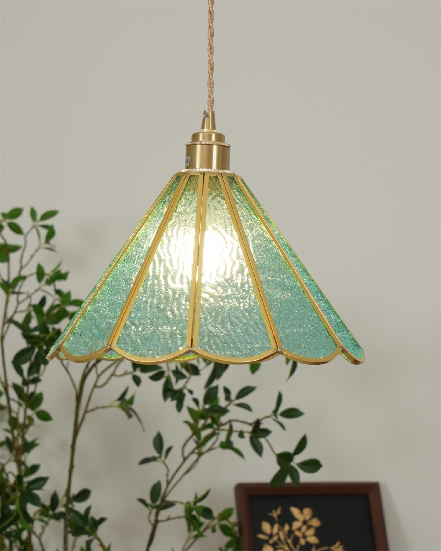 Pendant Lamp Textured Blue Glass Scalloped Brass