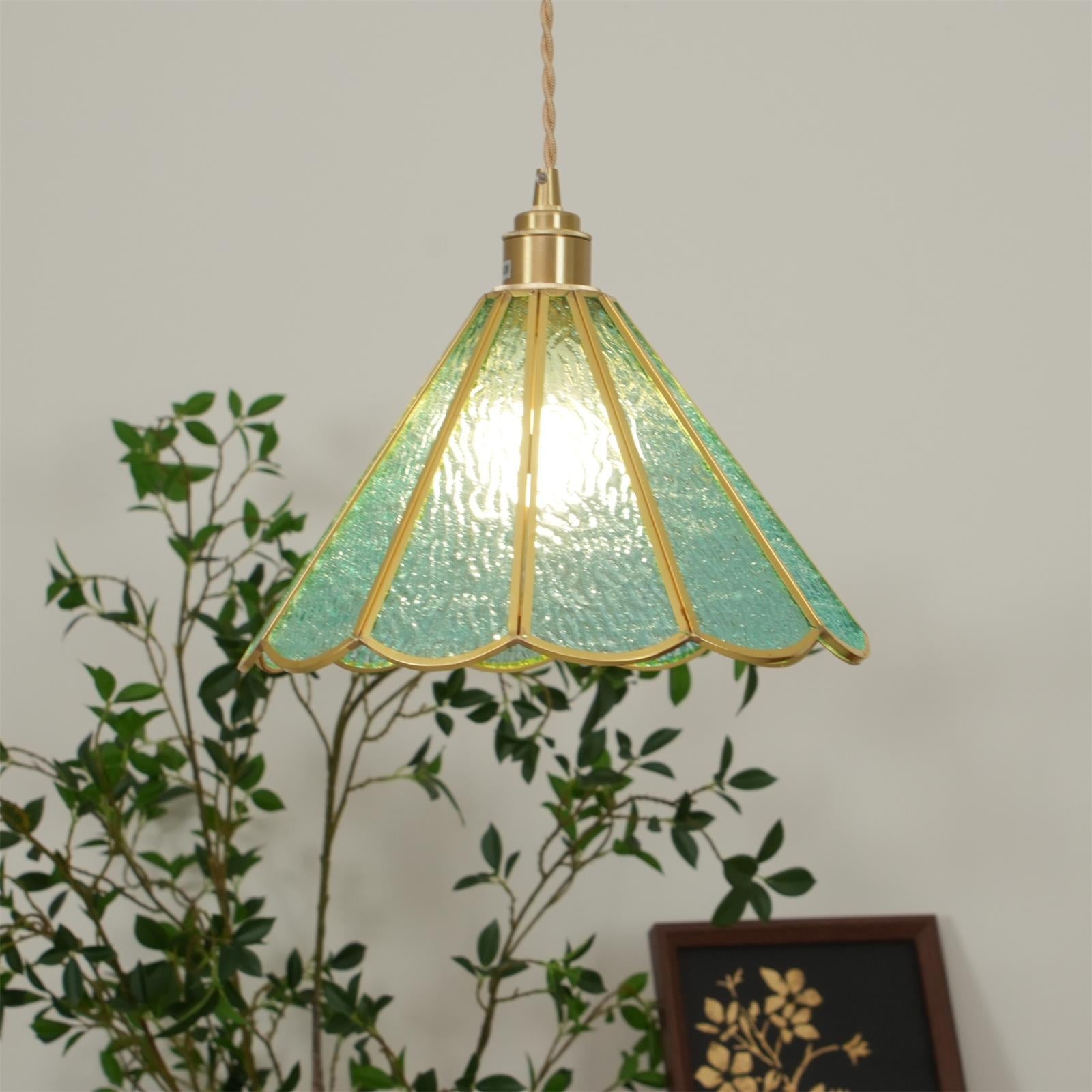 Pendant Lamp Textured Blue Glass Scalloped Brass